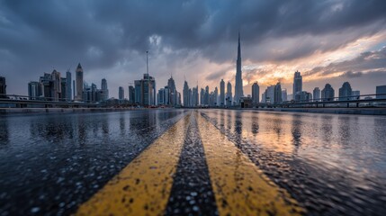 Obraz premium Cityscape perspective rainy road leads to modern skyline under dramatic sky