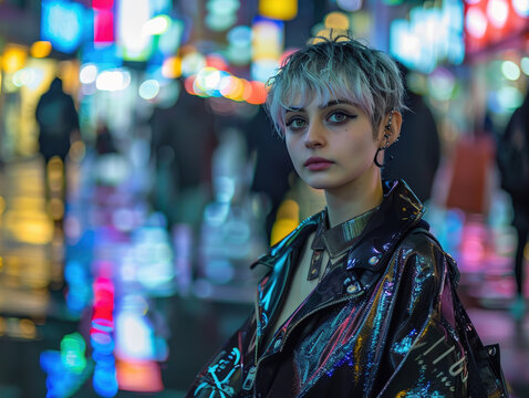 Young woman in reflective jacket on vibrant city street at night