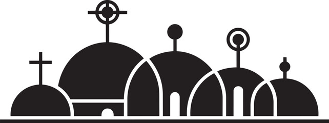 Minimalist religious cityscape with holy building domes and diverse crosses in outline style © MOHAMMAD
