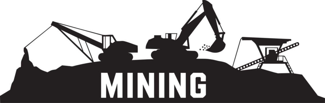 Mining machinery silhouettes with excavator and dragline crane on rocky ground for heavy and mound