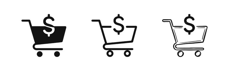 E-commerce shopping cart with dollar sign icon set © drawing lines