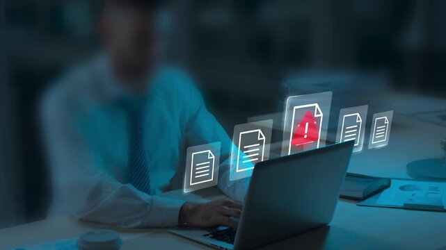 Businessman Using Laptop with Data Information Privacy and Document Management Hacking and Spam Warning Symbol. Cyber Attack Network, Virus, Spyware, Cyber Security and Cybercrime