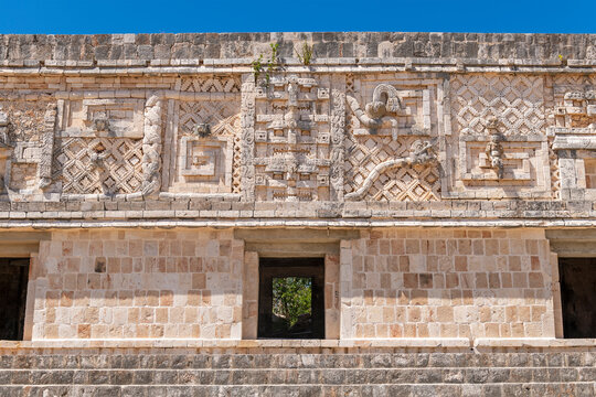 Quadrangle of the Nuns mayan architecture with feathered serpent Quetzalcoatl or Kukulkan, Uxmal, Mexico.