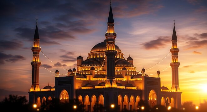 Historic mosque with illuminated minarets and domes at golden hour during sunset.