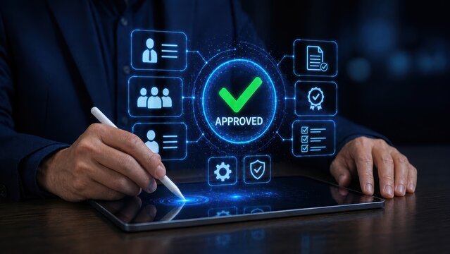 approved checkmark icon with user interface elements on a digital tablet high quality professional detailed modern elegant
