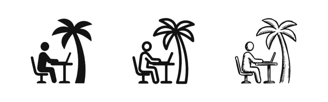 Remote work digital nomad laptop and palm tree icon set