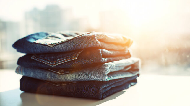 Stack of folded denim jeans showcasing fashion retail, clothing line, and garment quality with sunny flare