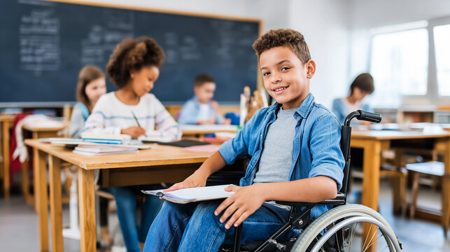 Smiling boy student with disability in wheelchair actively participating in inclusive primary school classroom