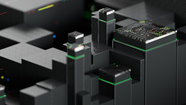 The background of 3D abstract technology. Personal data security, handling, or protection. Electronic equipment. 3d rendering illustration not AI