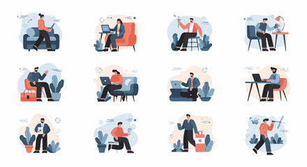 Fototapeta premium Diverse individuals engaged in various work and leisure activities with modern tools