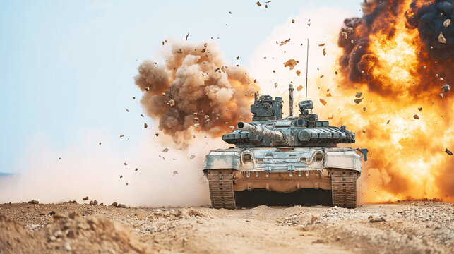 Armored tank advancing through battlefield during intense explosion with flying debris and dramatic fiery impact
