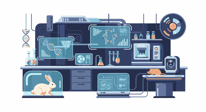 Futuristic laboratory with DNA research, lab animals, and advanced equipment