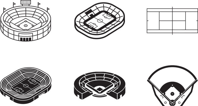 Collection of Baseball Stadium and Field Icons with Arena Top View Layouts