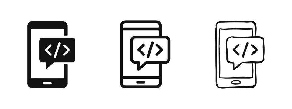 Mobile Coding and App Development Icon, Smartphone with Programming Symbol
