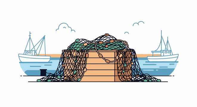 Fishing nets pile on wooden crates between two boats on water
