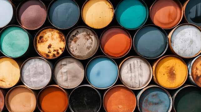 Metal oil drums arranged in an industrial grid pattern displaying varied rust textures and colors, fuel storage concept