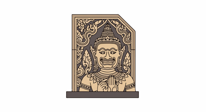 Ornate carving of a fierce deity with traditional patterns and headdress