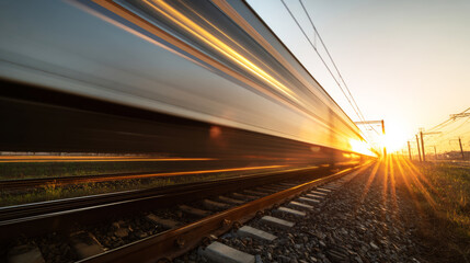 Fototapeta premium Train rushing on railway tracks, creating dynamic motion blur and bright light trails at sunset