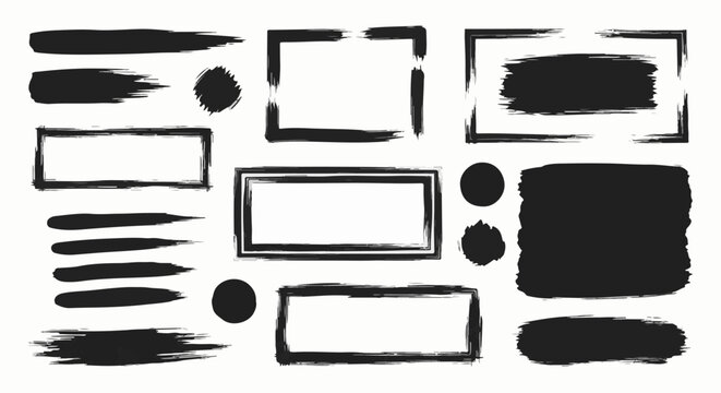Collection of black brush stroke shapes and frames on white background