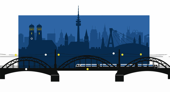 City skyline at night with a train crossing a bridge and illuminated structures