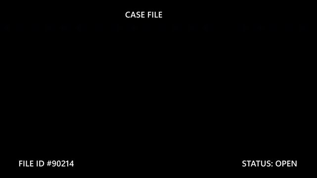 Forensic Case File Active Overlay with Investigation Database Interface, File ID Status Screen, Transparent Evidence Analysis UI for Crime Documentary and Police Video Editing