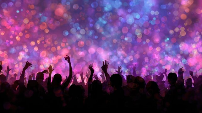 Silhouetted crowd with raised arms against abstract bokeh background