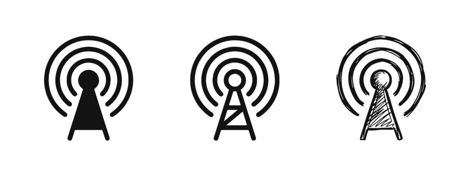Radio Tower and Broadcasting Antenna Icon Set - Solid Outline and Sketch Styles