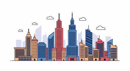 Obraz premium Stylized cityscape with colorful buildings under a cloudy sky