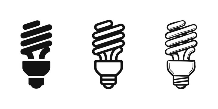 Energy Saving Spiral Light Bulb Icons - Solid Outline and Hand-Drawn Doodle Styles