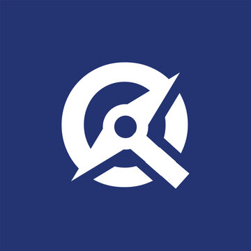This image is a logo design that depicts an initial Q with a pick axe in it. The logo looks clean and clear in white color on a dark blue background.