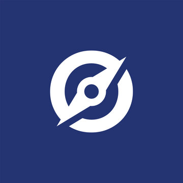 This image is a logo design that depicts an initial O with a compass needle in it that facing north east direction. The logo looks clean and clear in white color on a dark blue background.