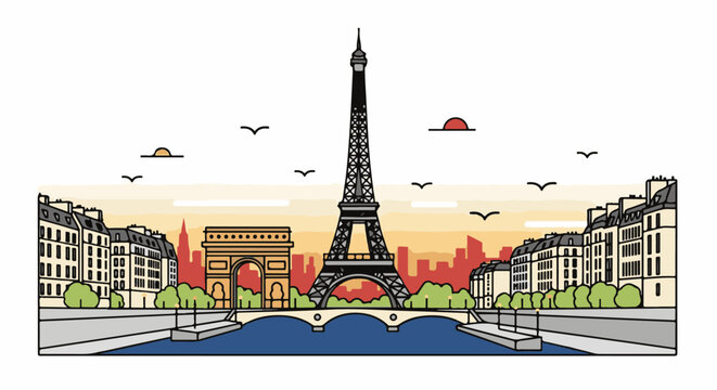 Iconic Paris cityscape with Eiffel Tower, Arc de Triomphe, and riverside buildings