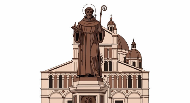 Monochromatic illustration of a saint statue before a grand cathedral facade