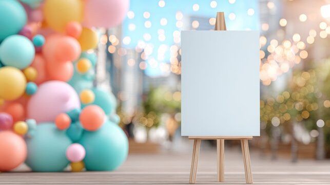 Blank canvas on easel with colorful balloons and bokeh background