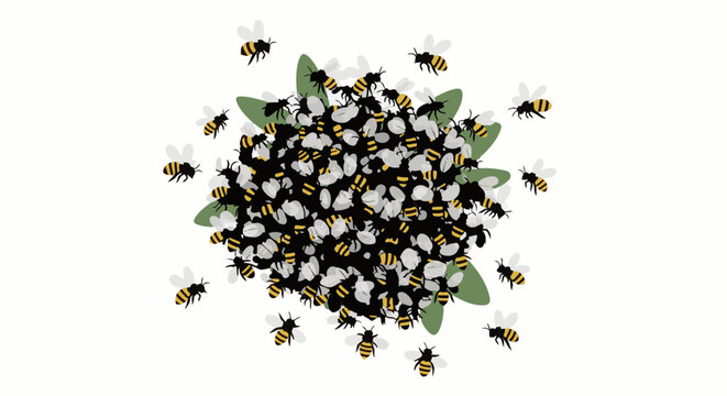 Many small buzzing bees swarm around a dark cluster of flowers and leaves