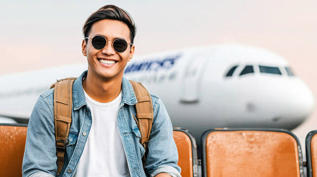 Young man smiling at airport, wearing sunglasses and backpack, enjoying travel before boarding flight