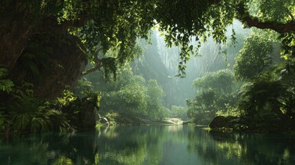 Obraz premium Tranquil forest scene with calm water reflecting lush green trees and foliage
