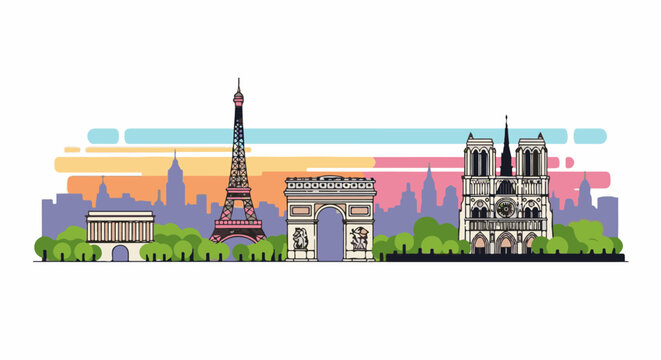 A minimalist skyline of Paris, featuring iconic landmarks, with abstract colored bars