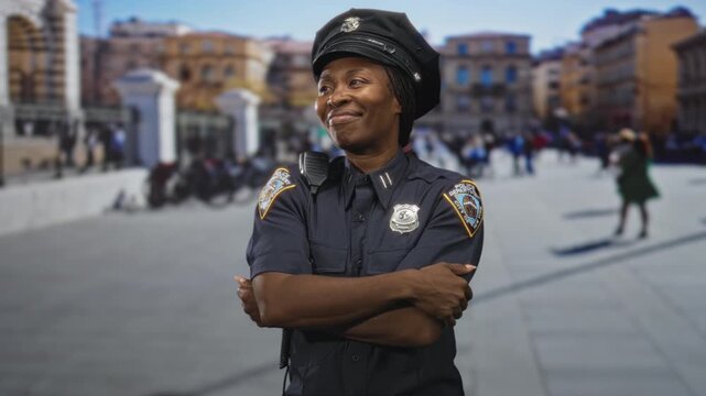 Young african american woman police officer wearing patrol cap and badge, arms crossed and smiling while standing in a busy city street; confidence duty.