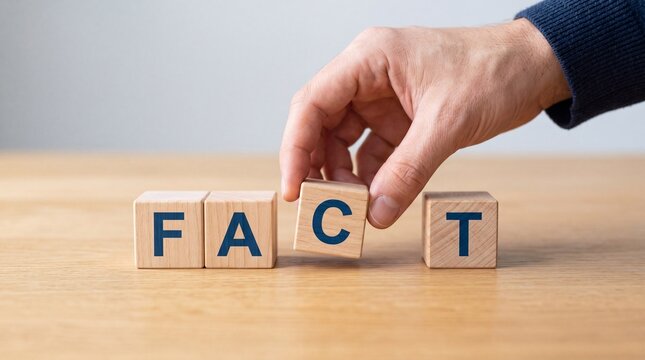 Hand arranging wooden blocks spelling fact on a table with a plain background