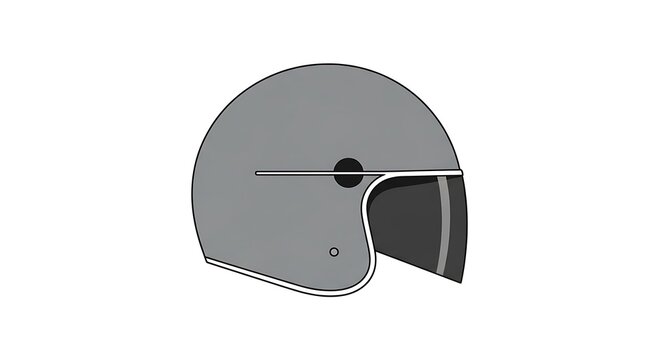 A side-view illustration of a gray motorcycle helmet, featuring a rounded shell, visor, and subtle detailing. Simple, modern design