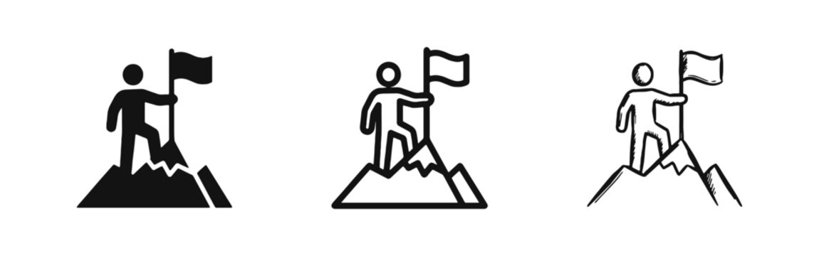 Success achievement icon set with person standing on mountain peak with flag