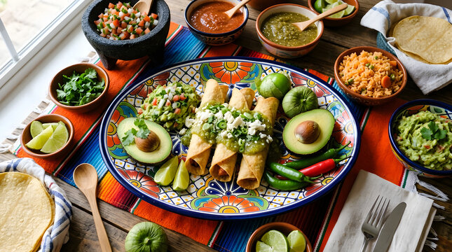Festive Fiesta: A vibrant spread of authentic cuisine showcases a colorful and flavorful Mexican feast, inviting the senses with its array of delicious components.