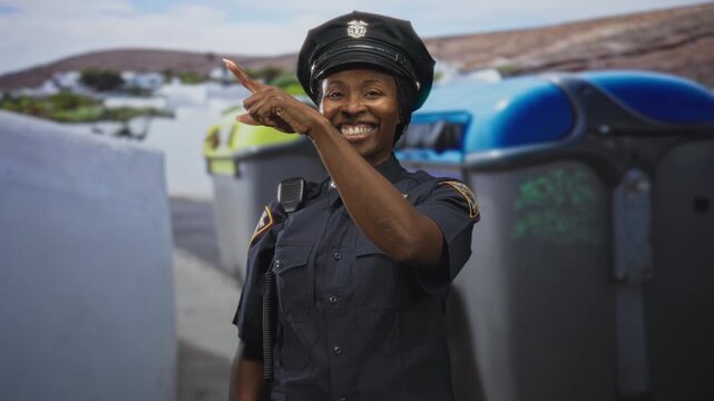 Young african american woman police officer pointing finger and smiling toward an overflowing trashcan and blue recycling bin on street, radio microphone visible on shoulder; duty confidence service.