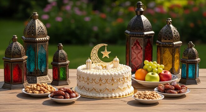 Festive outdoor table setup for ramadan or eid celebration with a decorated cake fruits nuts dates traditional
