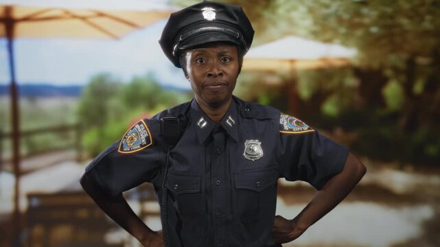 Woman police officer pointing finger with badge and radio, hands on hips in street cafe scene; authority duty.