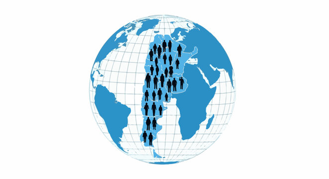 Silhouettes of people overlaying a blue globe depicting a continent
