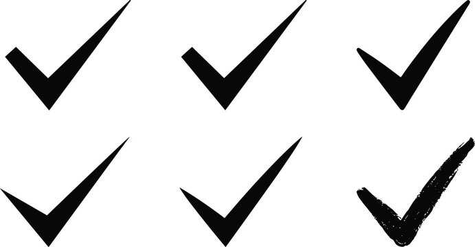 Set of black hand-drawn and flat check mark icons isolated on white background for checklists, business success, task completion, voting symbols, and user interface design elements in a simple 