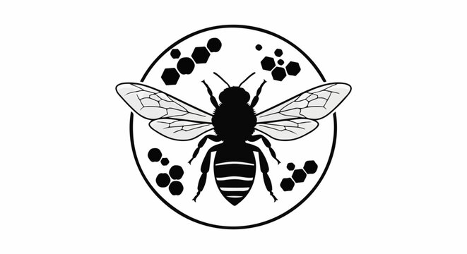 Stylized black and white illustration of a bee with outstretched wings, within a circular frame