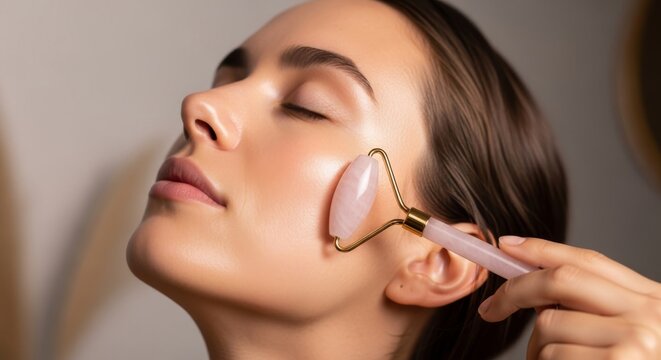 Woman enjoying a relaxing facial massage with a rose quartz roller